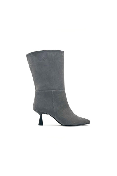 Folle Gri Süet İnce Topuklu Kadın Orta Boy Çizme