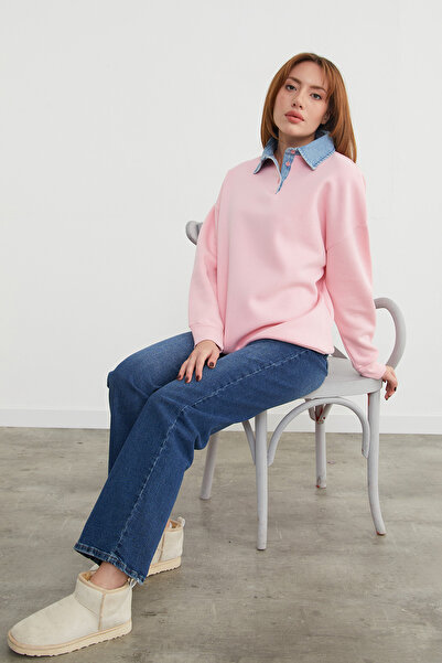 Fulla Moda 3 Yarn Denim g Paneled Shirt Collar O Oversized Sweatshirt