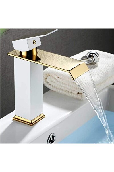 OEM Bathroom Sink Faucet, Waterfall Type, Single Lever, Connections Included, Stainless Steel, White-Gold