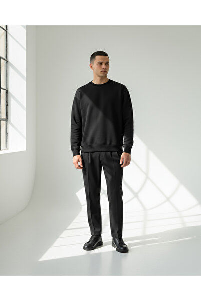 WELLSWEAR Erkek Bol Kalıp Oversize Basic Sweatshirt – Siyah
