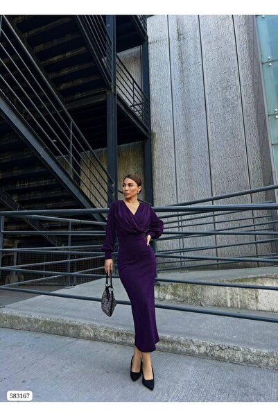 Modafeminen Double-Breasted Collar Long Sleeve Glitter Midi Dress 583167 Purple