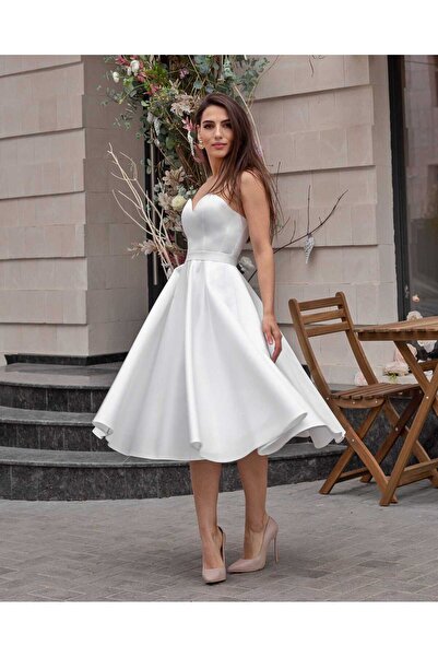 LARIETTE Rochie de mireasă midi cu corset — rochie midi alb-lăptos fără bretele