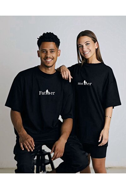 IV QUATTUOR طقم تي شيرت Mom&Dad Couple Combination قصة فضفاضة مكون من قطعتين ...