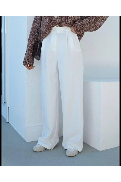 bysoca Kadın Beyaz Yüksek Bel Pileli Düğmeli Cepli Palazzo Bol İspanyol Paça Kumaş Pantolon