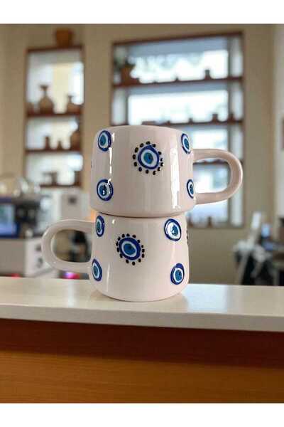 aktas seramik Nazar Boncuğu Desenli El Çizimi Seramik Kupa Bardak Hediyelik