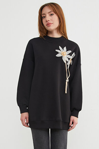 Fulla Moda 3 İplik Çiçek Aksesuarlı Oversize Tunik