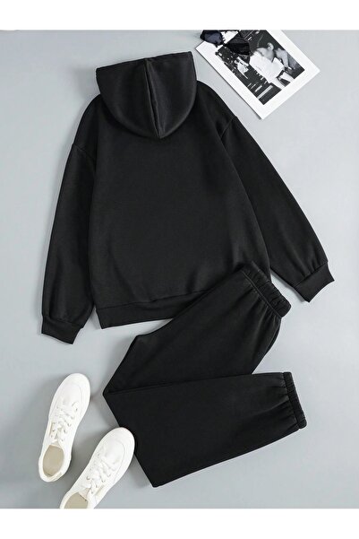 Harmandar Brooklyn USA Winter Bottom Top Set Sweatshirt Tracksuit Bottoms - Black Printed Oversize Hoodie