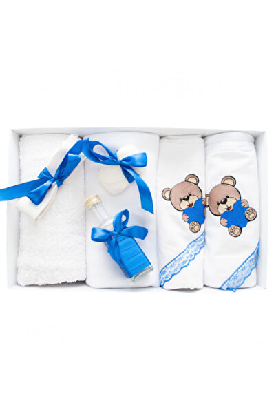 OEM Set botez 7 piese - Ursuleț brodat - Alb și albastru electric