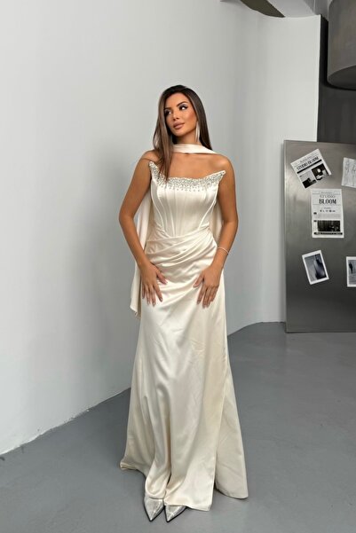 İyem Abiye Şallı Ve Göğüs Taş Detaylı Saten Şık Tasarım Abiye Elbise Dar Kalıp