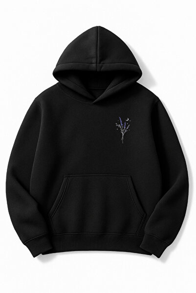 Altair Tr سويت شيرت أسود قصة فضفاضة للجنسين لافندر مطبوع بغطاء رأس