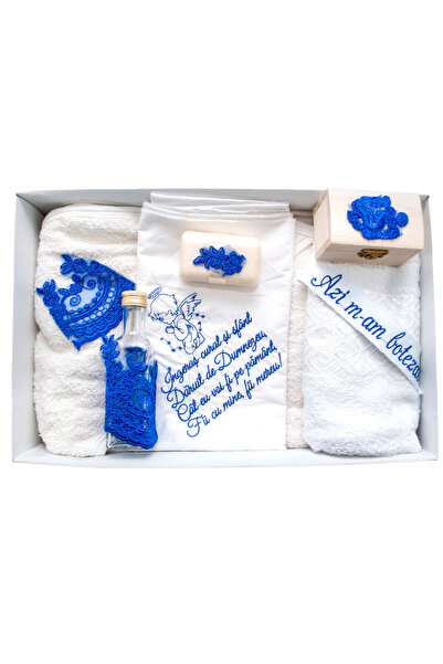 OEM Set botez 7 piese, alb-albastru, personalizat cu broderie albastră „Astăzi am fost botezat” - TPB
