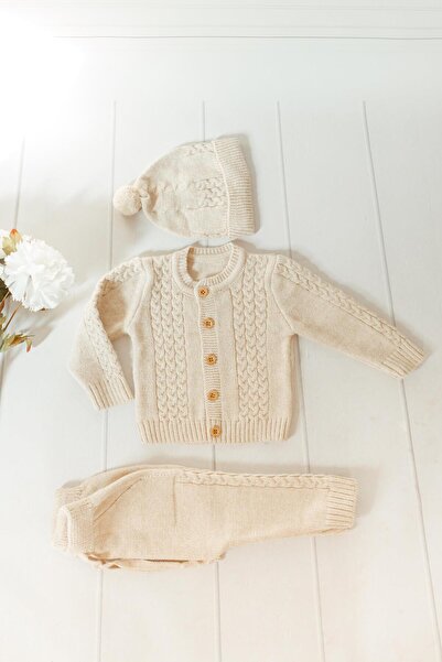 miabambim Hair Braid Knitwear Beret Bottom Top Set Beige