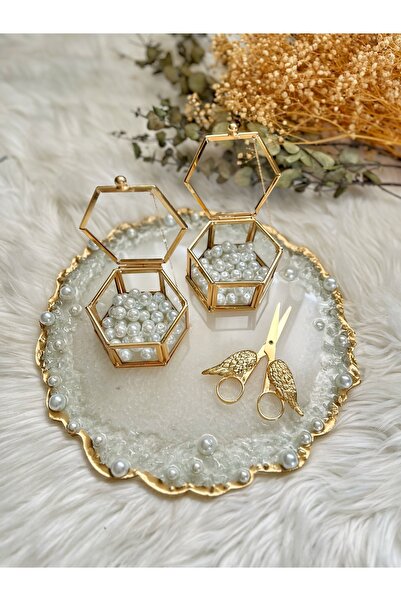 RESİNARTSHOP Epoksi Tepsi Kenarları Taş+İnci 30 cm Gold