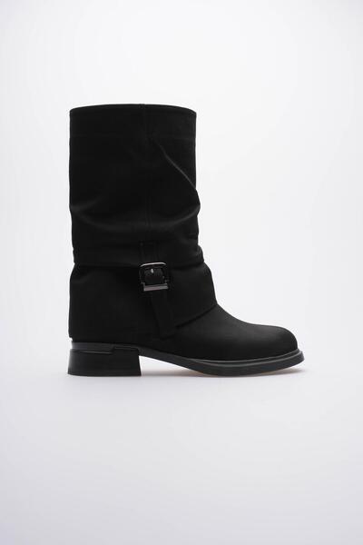 Mubiano Women's Suede Boots Gusseted Zippered Platinum Buckle Black Vandira