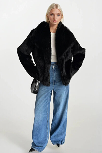 vuvutasarım Women's Shawl Collar Plush Fabric Fur Coat 52109001