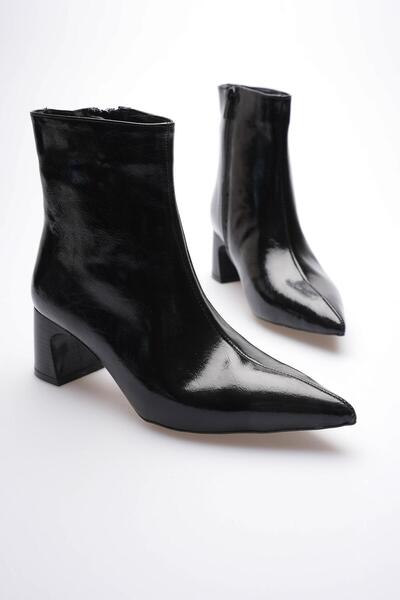 Mubiano Women's Patent Leather Boots Pointed Toe Heeled Zippered Black Li̇za