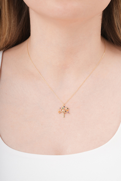 ALİSGOLD1986 14 Ayar Altın Renkli Taşlı Hayat Ağacı Kolye