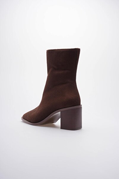 Mubiano Arden Kadın Kahverengi Süet Kalın Topuklu Fermuar Detaylı BOT (7CM)