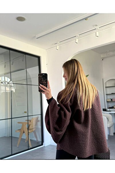 BE CHİC Γυναικείο ύφασμα μπουκλέτ με καφέ ζώνη casual poncho m5000