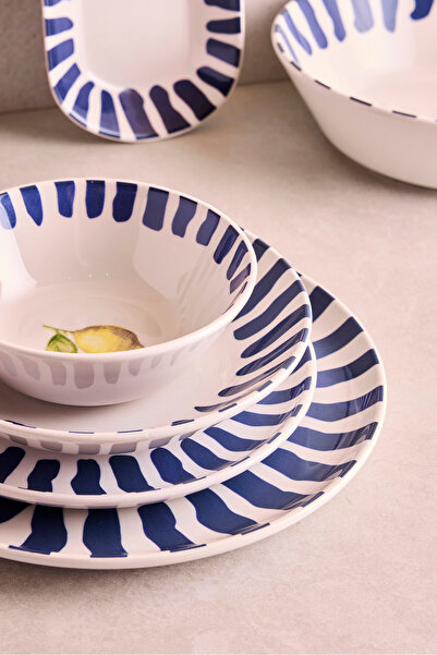 Perotti Limone Blu 27 Parça 6 Kişilik Seramik Yemek Takımı Limon Desenli Mavi Çizgili Sunum Seti