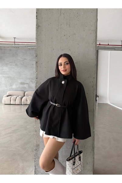 maf collection Poncho negru pentru femei, cu detaliu cu nasturi, cu centură