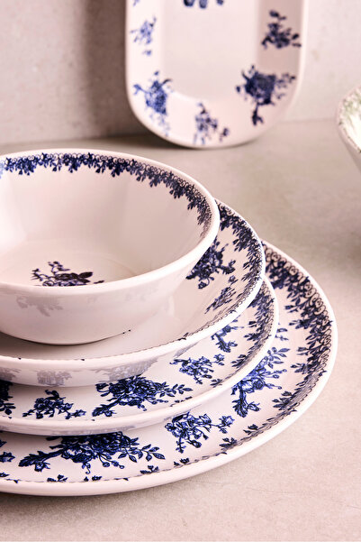 Perotti Antik Mavi 27 Parça 6 Kişilik Seramik Yemek Takımı Vintage Mavi Çiçekli Yuvarlak Servis Seti