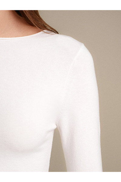 Dilvin 10840 Kayık Yaka Kaşmir Karışımlı Kazak-Ekru