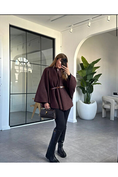 BE CHİC Women's Brown Belt Boucle Fabric Loose Poncho M5000