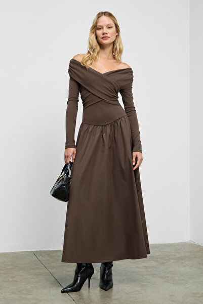 GRIMELANGE Fruendo women's asymmetric neck top with flexible fabric skirt poplin long brown dress