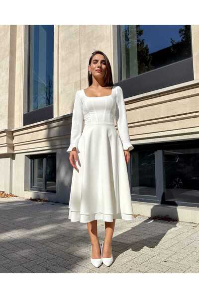 LARIETTE White midi dress with long sleeves, adjustable bodice, zipper + drawstring at the back, fully lined