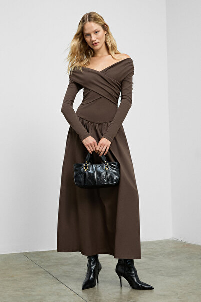 GRIMELANGE Fruendo women's asymmetric neck top with flexible fabric skirt poplin long brown dress