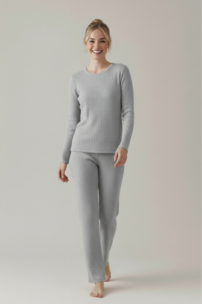 Farya Home Βαμβακερό Χοντρό Χειμερινό Σετ Πιτζάμες Πλεκτό Σετ Πιτζάμες με ρίγες επένδυση fleece