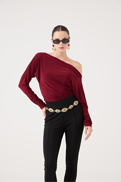 HOLLY LOLLY Asymmetrical Collar Talia Blouse Burgundy