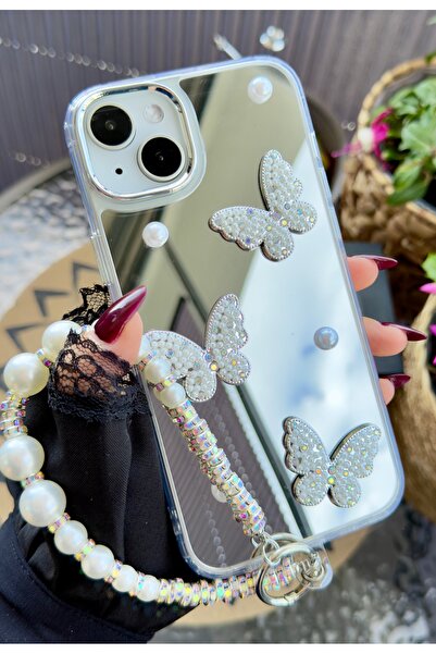 Go Aksesuar iPhone 14 Plus - 15 Plus Compatible Mirrored Charm Butterfly Design Edged Silicone Case