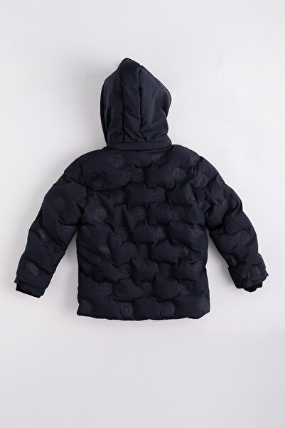 Enucuzburası Çocuk Lacivert Smiley Desenli Kapüşonlu Peluş Astarlı Şişme Mont