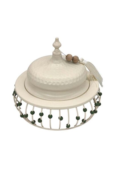 Generic AKDC AKDC Metal Tajine with Lid 15cm*16cm, White with Green Beads