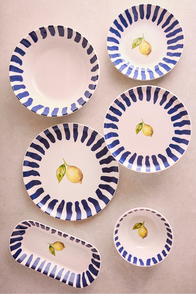 Perotti Limone Blu 27 Parça 6 Kişilik Seramik Yemek Takımı Limon Desenli Mavi Çizgili Sunum Seti