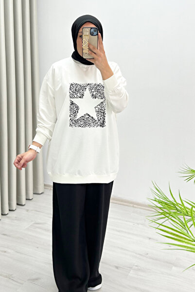 T Moda Store Ekrutex Star Print Detailed Two Thread Fabric Crew Neck Hijab Tunic