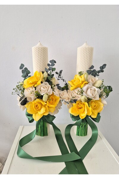 Yellow Tulip Lumanari nunta/cununie 35cm, ceara naturala cu trandafiri nemuri...