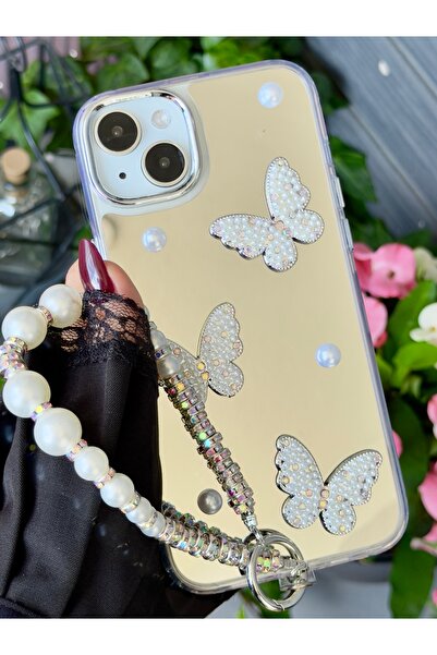 Go Aksesuar iPhone 14 Plus - 15 Plus Compatible Mirrored Charm Butterfly Design Edged Silicone Case