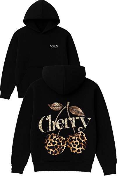 VSRN سويت شيرت بتصميم ليوبارد تشيري مطبوع قصة فضفاضة أسود بغطاء رأس