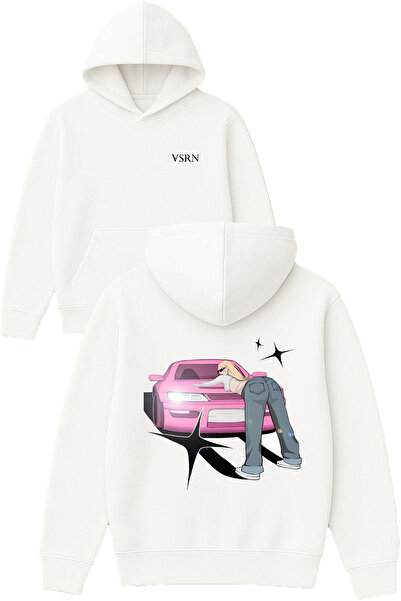 VSRN Hanorac cu glugă alb supradimensionat cu imprimeu roz cu design auto
