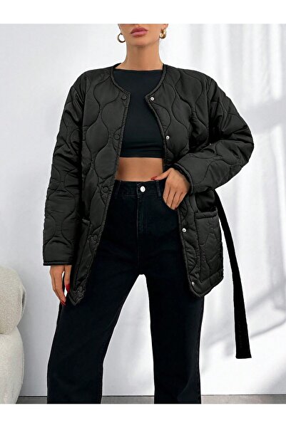 BORCKA TEKSTİL Siyah Kuşaklı Kapitone Desenli Kadın Mont