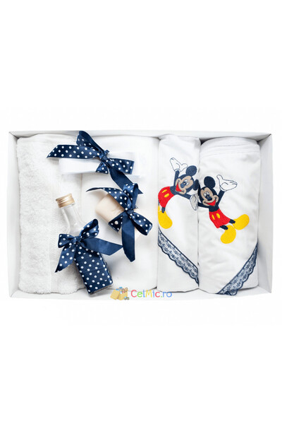 OEM Set botez 7 piese - Mickey Mouse brodat - Alb-Bleumarin - TPB-43