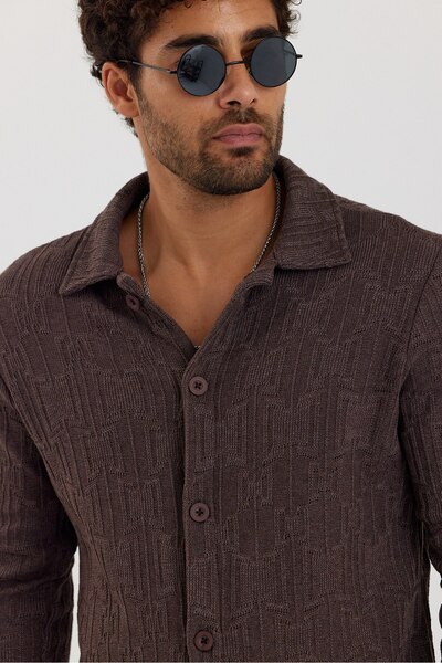 İLKCET MODA Ανδρικό πουκάμισο με κανονικό σχέδιο Jacquard Brown