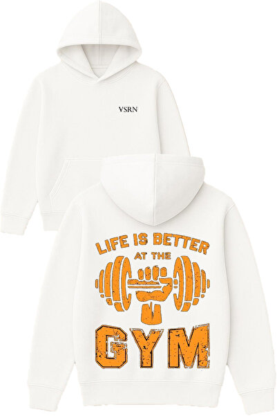 VSRN الحياة أفضل في صالة الألعاب الرياضية تصميم مطبوع قصة فضفاضة سويت شيرت أبيض بغطاء رأس