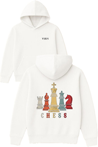 VSRN Hanorac alb supradimensionat cu glugă, cu imprimeu Chess Design