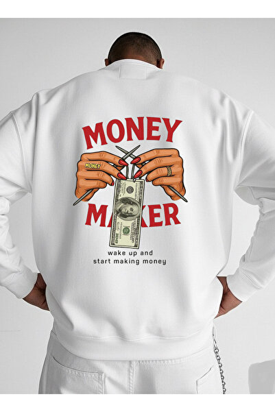 LORVEX Hanorac unisex cu imprimeu Money Maker, supradimensionat, cu gât rotun...