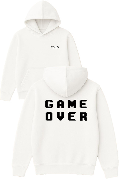 VSRN تصميم نص gameover مطبوع قصة فضفاضة سويت شيرت أبيض بغطاء رأس