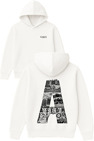 VSRN أمستردام A Design مطبوع قصة فضفاضة سويت شيرت أبيض بغطاء رأس